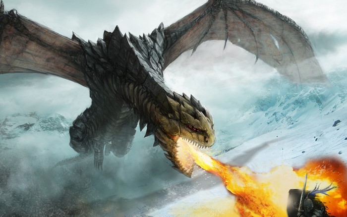 Dragon breathing fire at a knight in snowy mountains