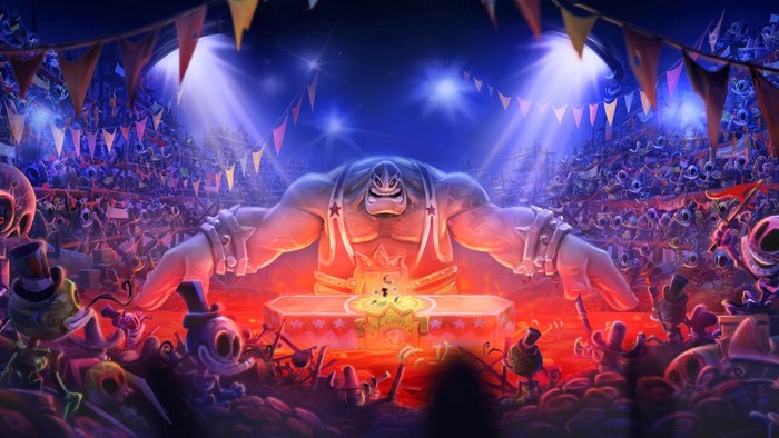 Rayman in a circus arena with a crowd