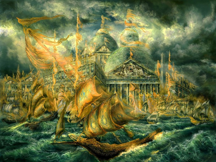Fantasy artistic scene with ships and architecture
