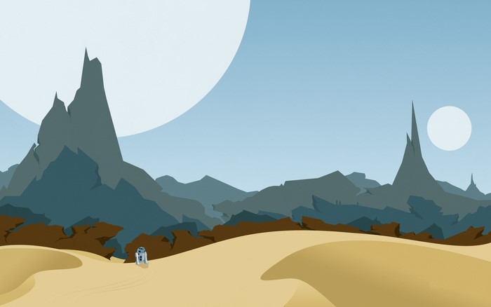 R2-D2 on a desert planet with mountains and two moons