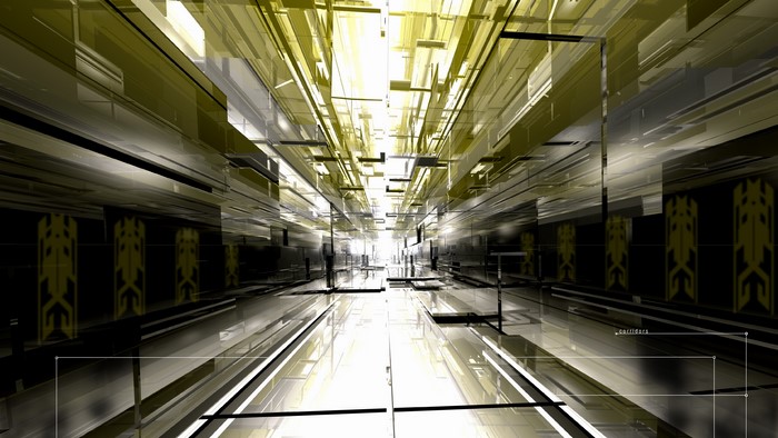 Abstract digital corridor with yellow and gray geometric shapes