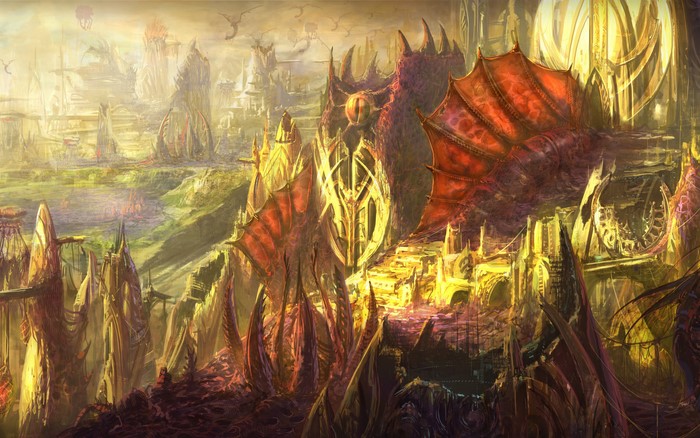 Fantasy landscape with dragon-like structures