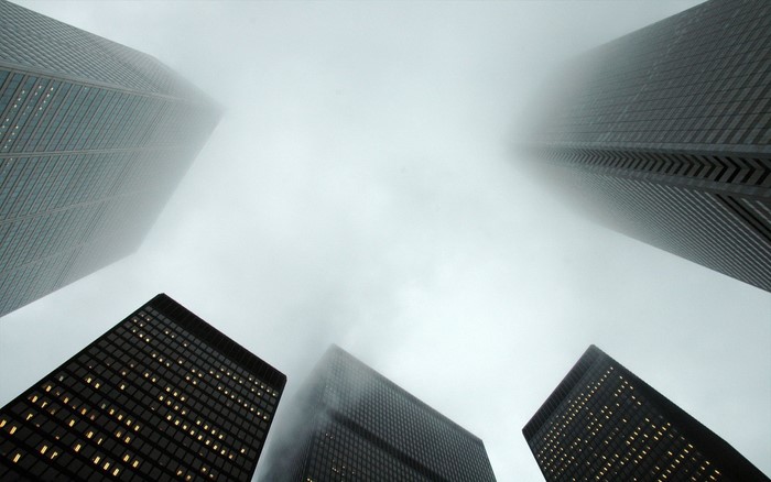 Skyscrapers shrouded in fog