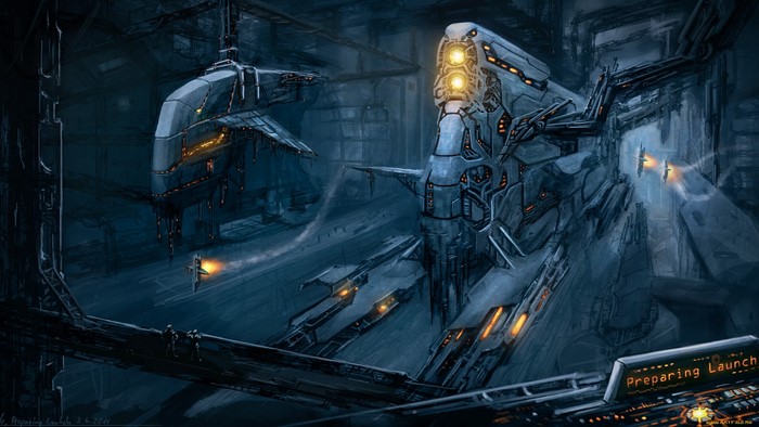 Sci-Fi Spaceship Hangar Preparing for Launch