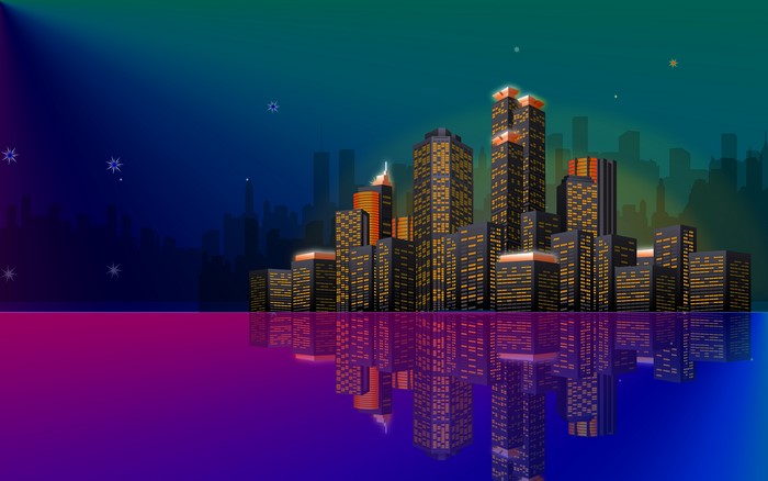 Vector Cityscape with Reflections at Night