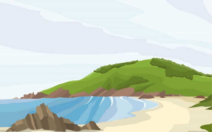 Artistic landscape of a green hill and beach
