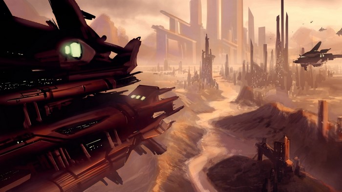 Sci-Fi Spaceship over Futuristic Cityscape