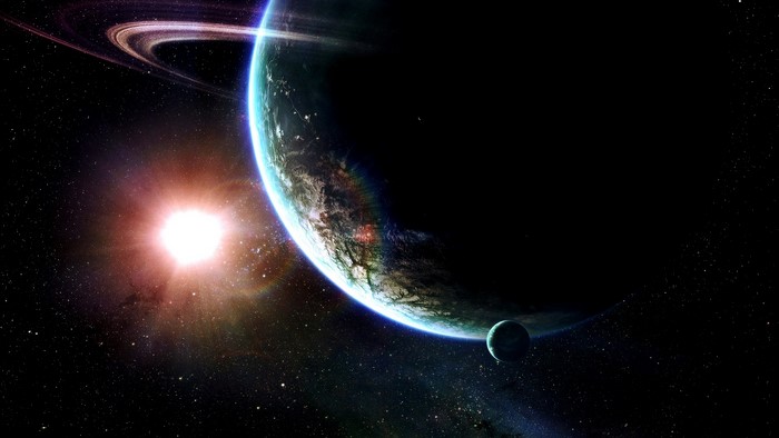 Sci Fi Planet with Rings and Moon