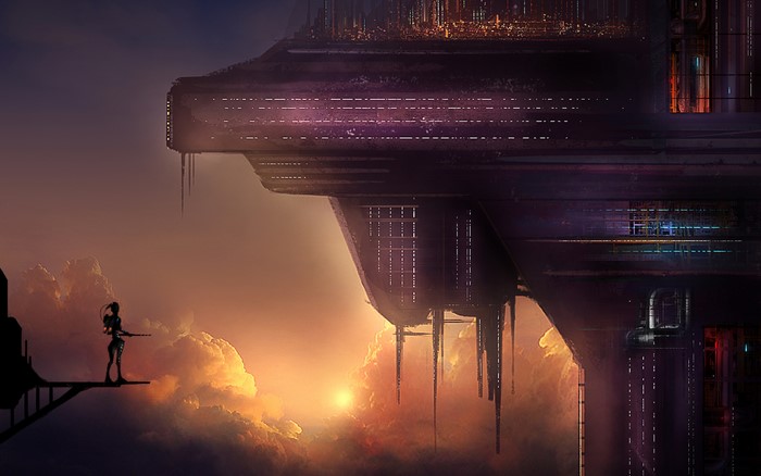 Futuristic city with a lone figure on a platform