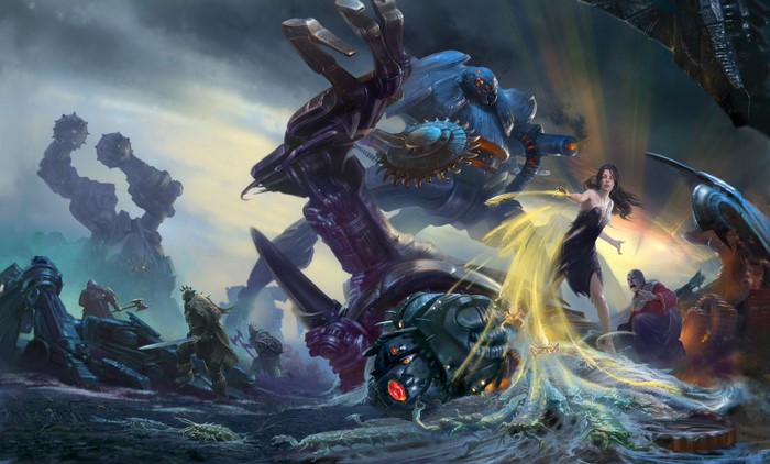 Giant robots and warriors in a battle