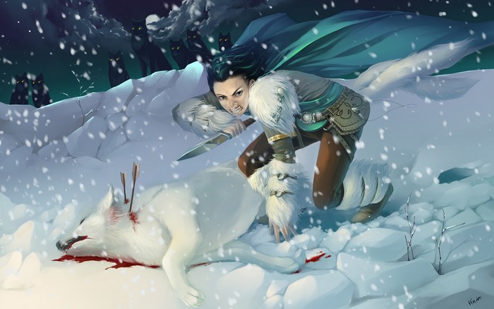 Fantasy Woman Warrior with Knife and Dead Wolf