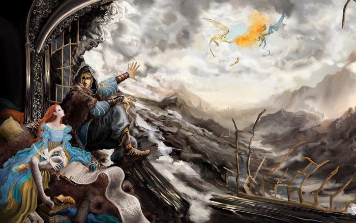 The Elder Scrolls: Two figures watch dragons fight