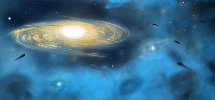 Galaxy with spaceships and nebulae in deep space