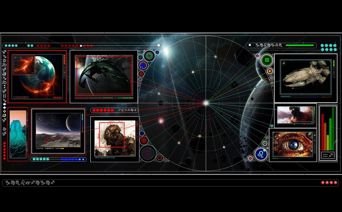 Sci-fi interface with planets and spaceships