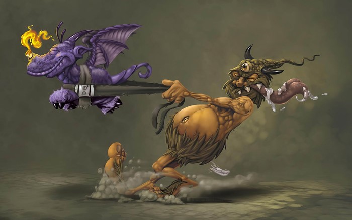 Purple dragon and yellow creature in a tug of war