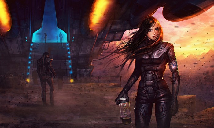 Woman in Sci-Fi Armor Holding Plant in Jar