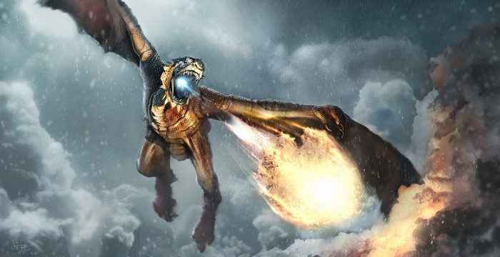 Dragon breathing fire in the sky