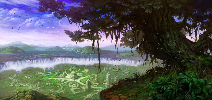 Fantasy landscape with ancient ruins and waterfalls