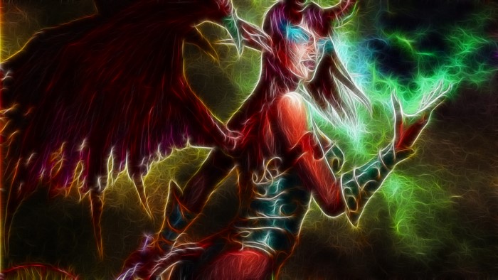 Demoness with wings casting magic in World of Warcraft