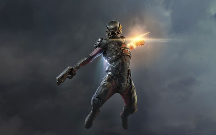 Soldier firing weapon in Mass Effect: Andromeda
