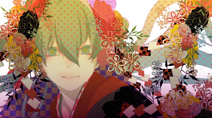 Hatsune Miku with floral decorations and traditional Japanese patterns