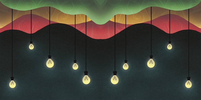Artistic abstract wavy layers with hanging lightbulbs