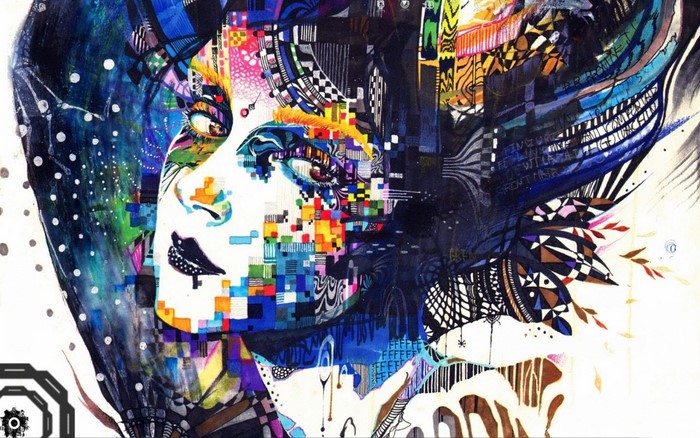 Abstract painting of a woman's face with colorful patterns