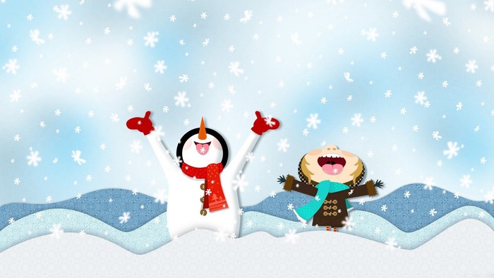 Child and Snowman Enjoying a Snowfall