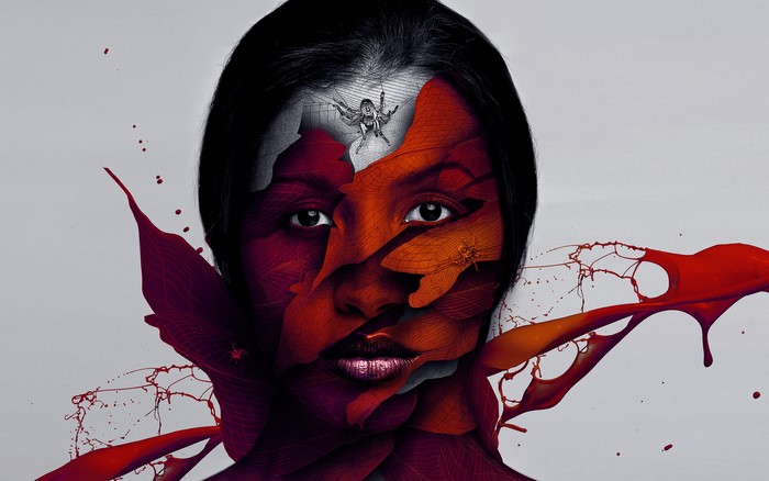 Artistic portrait of a woman with abstract red elements
