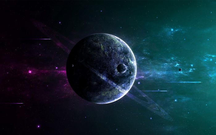 Sci Fi Planet with Rings and Moons