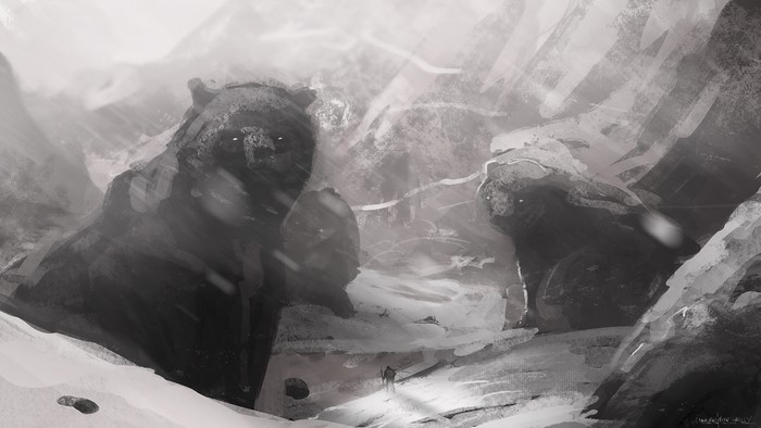 Giant bear statue in a snowy mountain landscape