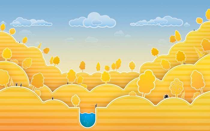 Stylized landscape with yellow hills and trees