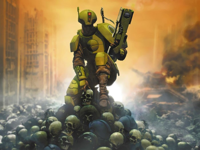Tau Soldier kneeling on skulls in ruined city