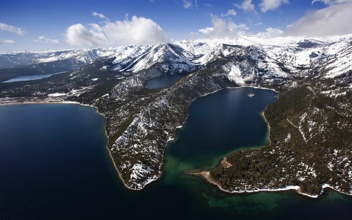 Snow-capped mountains and lakes aerial view