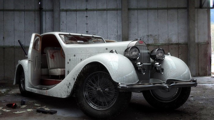 Bugatti car with bullet holes and blood