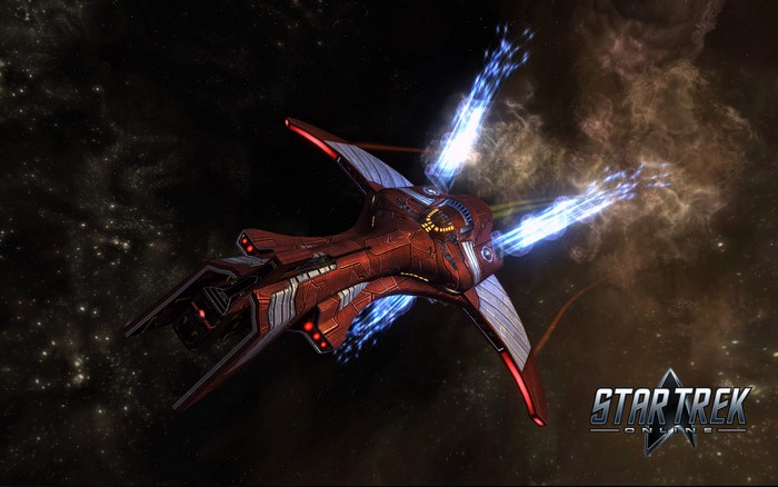 Star Trek Online red alien spaceship firing weapons