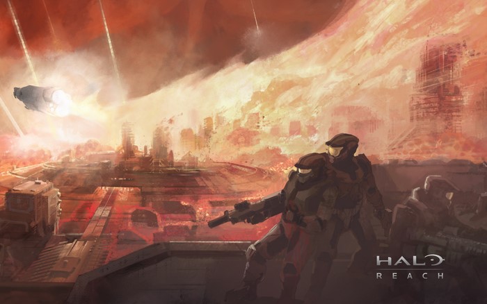 Halo: Reach soldiers overlooking a burning city