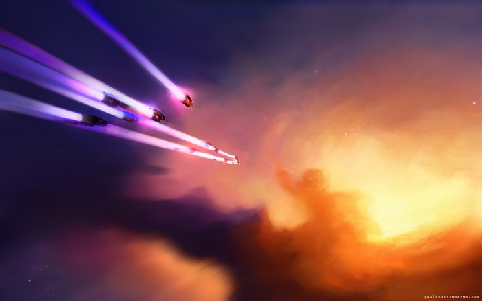 Spaceships with light trails in space