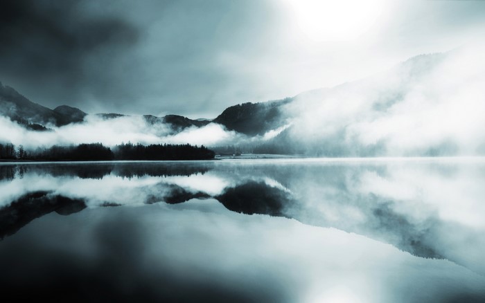 Monochrome Foggy Lake and Mountains Landscape