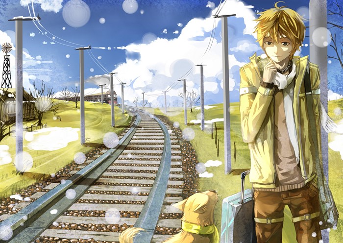 Anime boy and dog at train station
