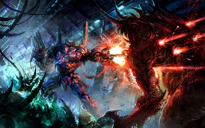 Robot fighting a monster