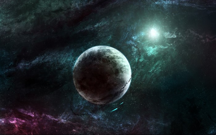 Planet in a colorful nebula with a bright star