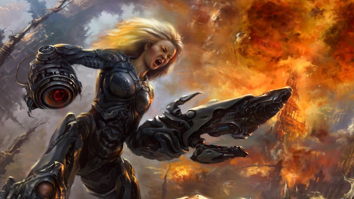 Cyborg woman with mechanical arm in fiery landscape