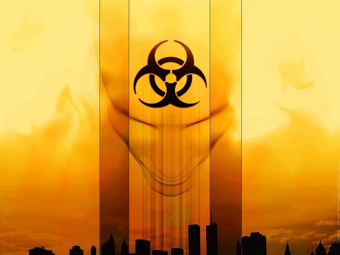 Biohazard Symbol Over City Skyline