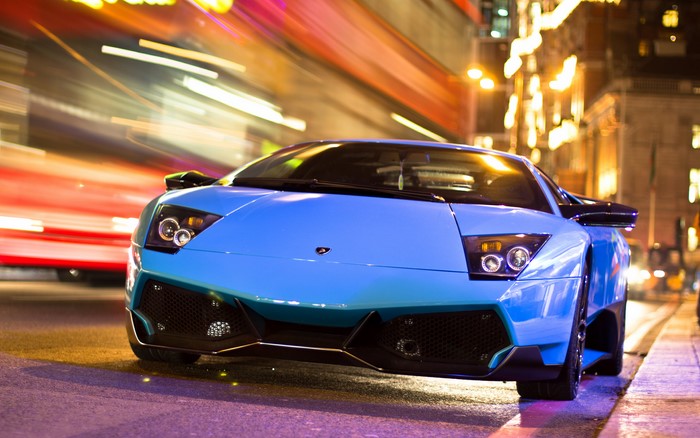 Blue Lamborghini Murcielago on a City Street at Night