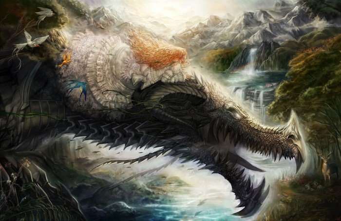 Fantasy dragon with a girl and a mountain landscape