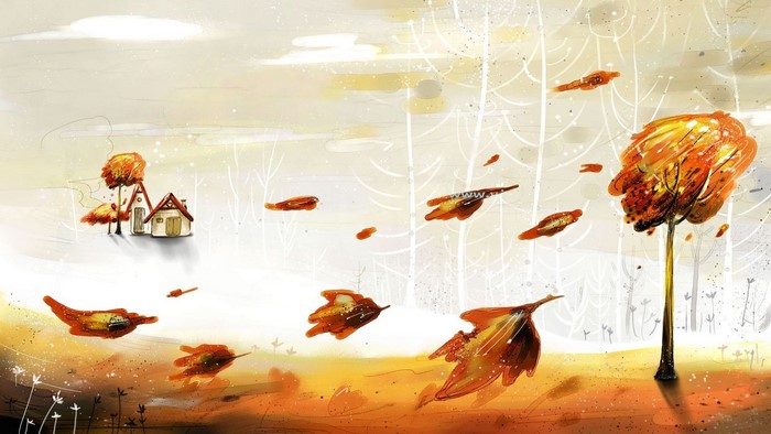 Autumn leaves falling near a house and trees