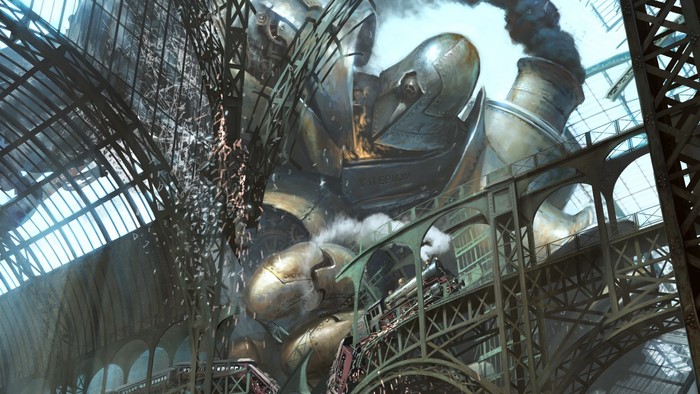 Giant robot in a train station with trains