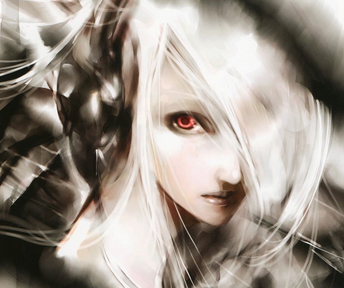 Close-up of a character with white hair and red eyes