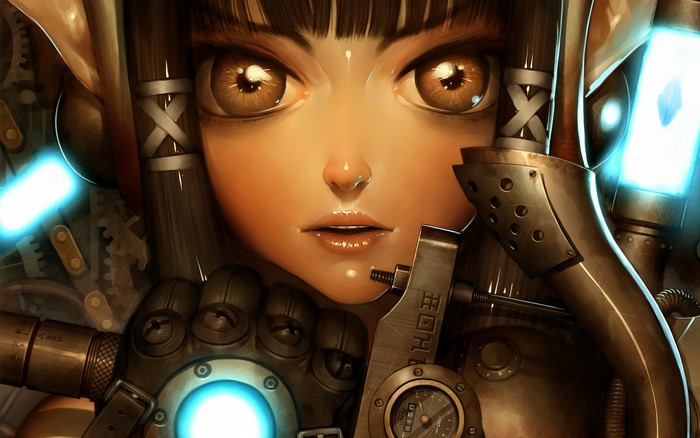 Girl with steampunk mechanical arm